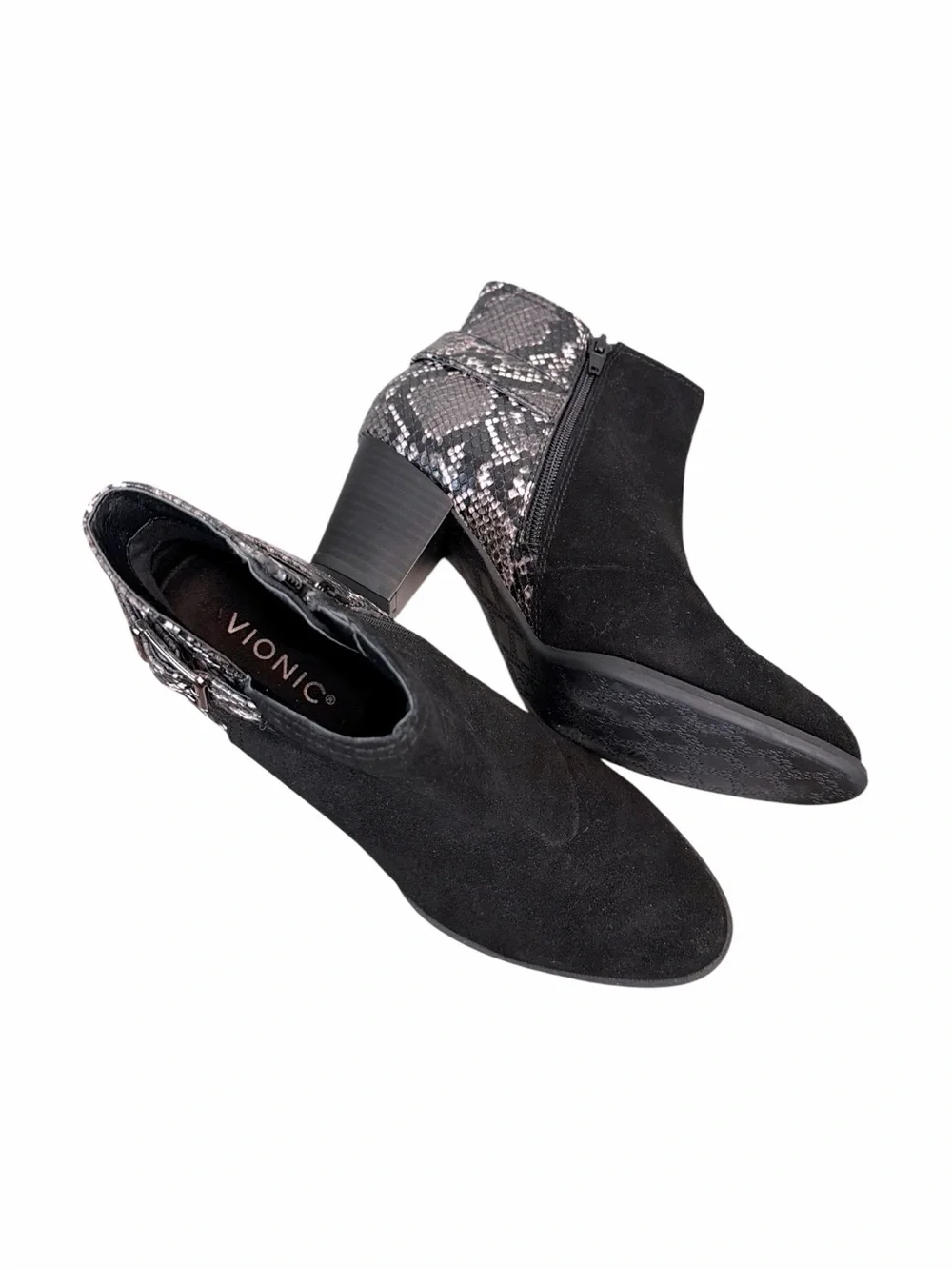 Vionic Naomi Snake Print Suede Ankle Booties Black Gray Buckle Comfort Heel 7
